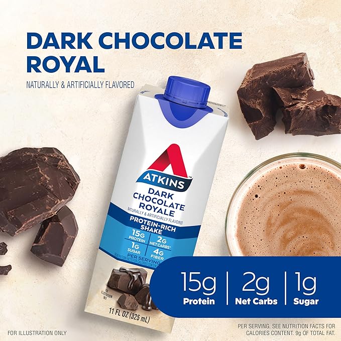 Atkins Vanilla Cream Meal Size Protein Shake 23g Protein Low Glycemic &amp Dark Chocolate Royale Protein Shake 15g Protein Low Glycemic 2g Net Carb 1g Sugar Keto Friendly 12 Count
