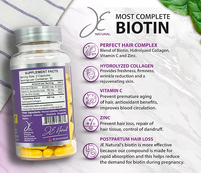 JE Natural Biotin Hair Skin and Nails Vitamins Vitamin C Biotin and Collagen Supplements That Make Hair Grow Faster and Longer for All Ages 60 Capsules of Biotin 20000mcg Maximum Strength.