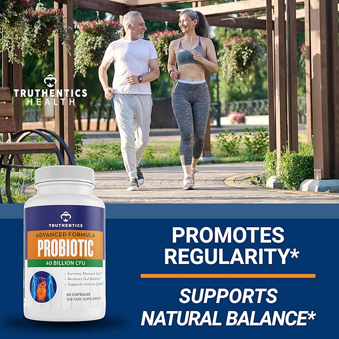 TRUTHENTICS Probiotic 40 Billion CFU with Prebiotics - Bifidobacterium Lactobacillus Acidophilus Paracasei Probiotics for Men &amp Women - Shelf Stable - 60 Vegan Capsules