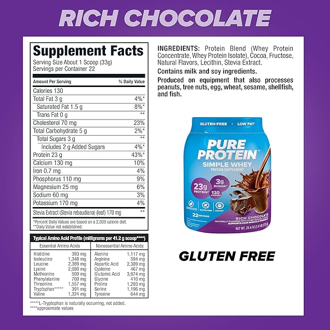 Pure Protein Simple Whey Protein Powder Gluten Free 23G Protein Rich Chocolate 1.6lbs