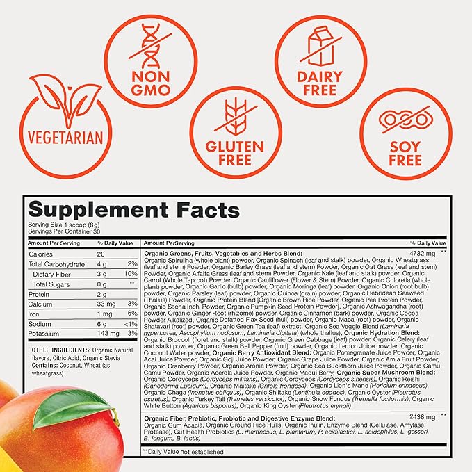 Zena Nutrition Organic Super Greens Powder 70+ Superfoods 0 Sugar 3G Fiber Spirulina Chlorella Mushrooms Prebiotics/Probiotics Digestive Enzymes for Gut Health Mango 30 Servings
