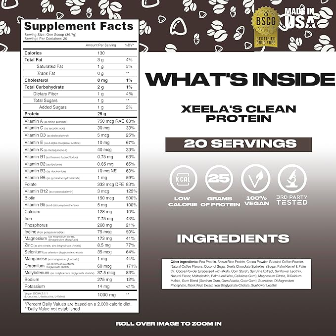 XEELA Plant Based Vegan Protein Powder - Independently Tested - 25g High Protein Pea Protein for Men &amp Women - Vitamins &amp Minerals Non GMO Dairy &amp Gluten Free LowCarb &amp LowFat (Jav