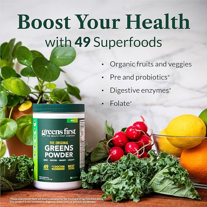 Greens First - Mint - 30 Servings - Greens Powder Superfood 49 Superfoods 15+ Organic Fruit &amp Vegetables Dairy Free Vegan &amp Non-GMO - 9.86 oz and D3+K2 Vitamins 60 Vegetable Capsules
