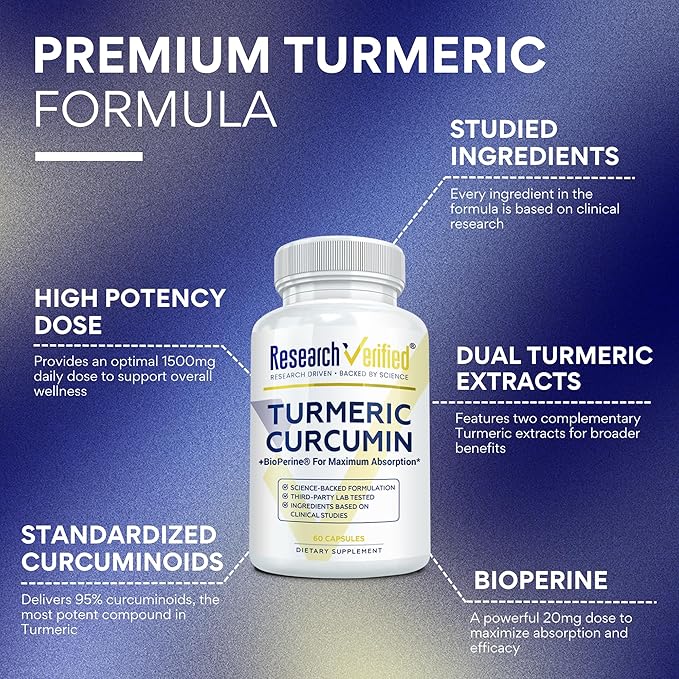 Research Verified Turmeric Curcumin Supplement with Black Pepper (BioPerine) - High Potency Curcumin - Antioxidant Joints &amp Daily Wellness - 60 Vegan Turmeric Capsules - Made in USA - 3 Month Sup