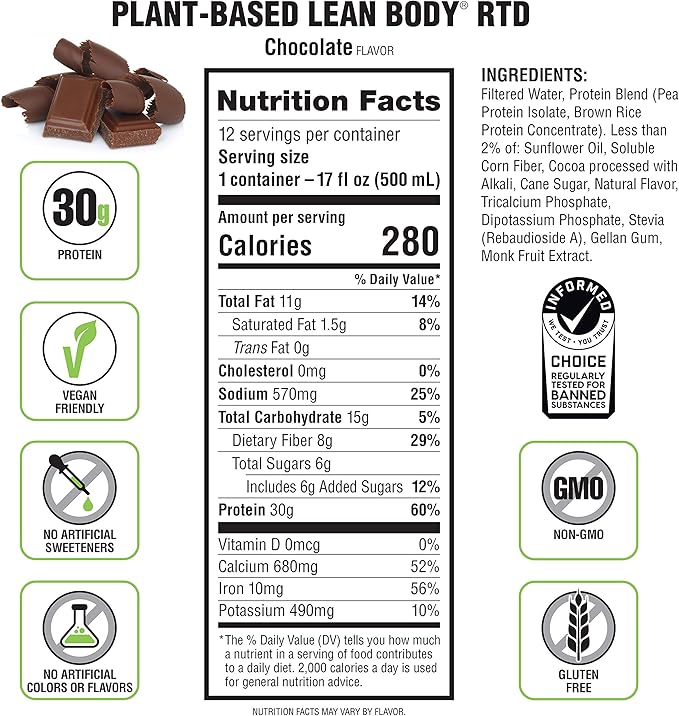 Lean Body Ready-to-Drink Plant-Based Vegan Chocolate Protein Shake 30g Protein No Artificial Flavors Sweeteners or Colors Non GMO Gluten Free Premium Pea &amp Rice Blend (Pack of 12)