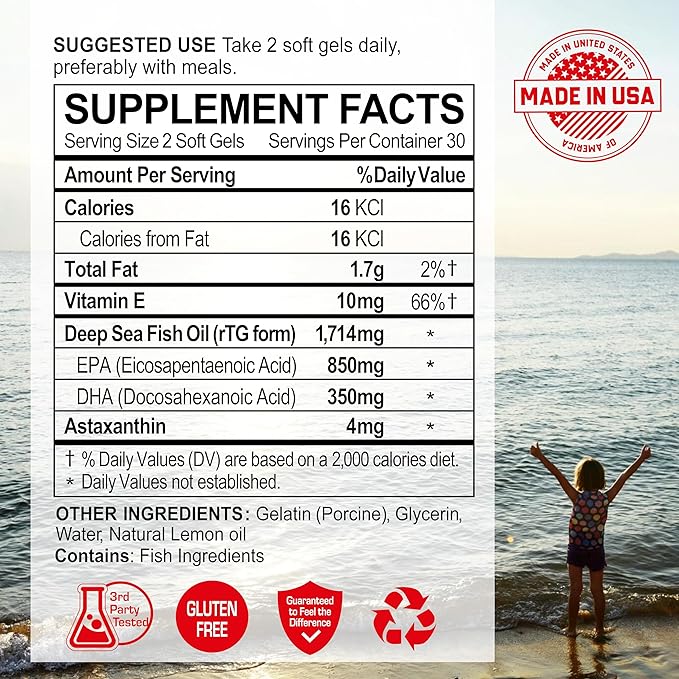 NANOWELL Red Omega-3 Fish Oil 1714mg Omega 3 Supplement with Astaxanthin Vitamin E EPA &amp DHA - 60 Softgels