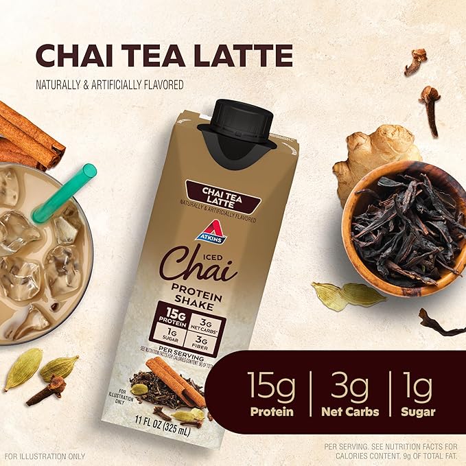 Atkins Chai Tea Latte and Chocolate Banana Protein Shakes Bundle 15g Protein Low Glycemic 3-4g Net Carbs 1-2g Sugar