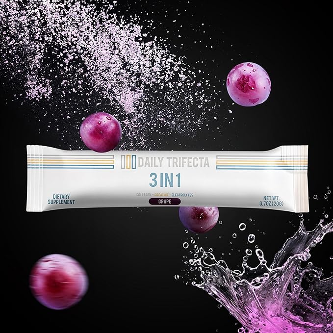 DAILY TRIFECTA 3-in-1 Collagen Creatine &amp Electrolyte Stick Packs | Type I Collagen Creatine Monohydrate Zero Sugar | 30 Natural Single-Serve Packets | Strength Hydration &amp Recovery (Grape