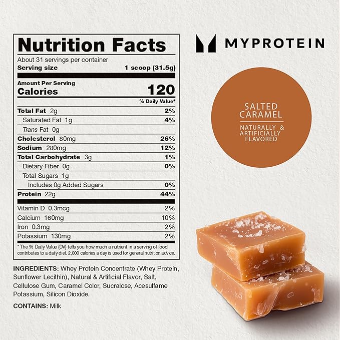 Myprotein Impact Whey Protein Powder 2.2 Lbs (31 Servings) Salted Caramel 22g Protein &amp 5g BCAA Per Serving Protein Shake for Superior Performance Muscle Strength &amp Recovery Gluten Free
