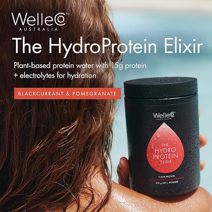 WelleCo HydroProtein Elixir Potassium Electrolyte Powder with 15g Vegan Protein for Energy Healthy Hair Skin &amp Nails Easy to Digest Powdered Electrolytes Black Currant &amp Pomegranate 9.5o
