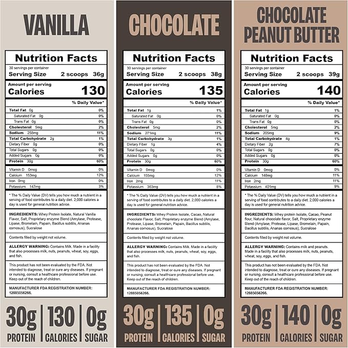 Protein Powder Packets - Whey Protein Stick Packs Variety Pack (9) Single Serve Vanilla Chocolate &amp Chocolate Peanut Butter Low Calorie 0g Sugar Soy-Free &amp Gluten-Free