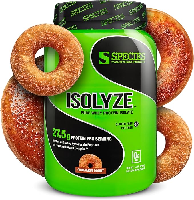 Species Nutrition Isolyze Whey Protein Powder 100% Whey Isolate for Muscle Building 27.5g Protein Per Scoop No Sugar &amp Low Fat (Cinnamon Donut 22 Servings)