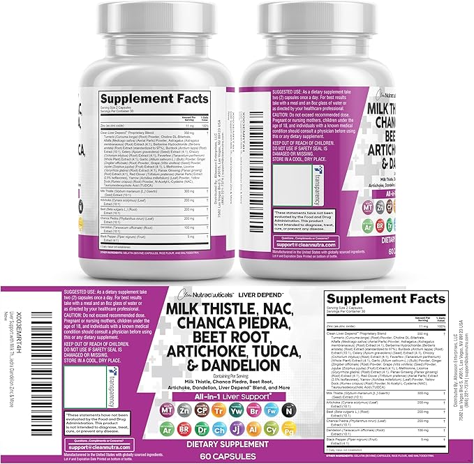 Clean Nutraceuticals Milk Thistle NAC Chanca Piedra Beet Root Artichoke Astragalus Dandelion Root - Liver Cleanse Detox &amp Repair Supplement Plus TUDCA Choline &amp Ginger - 1Pack