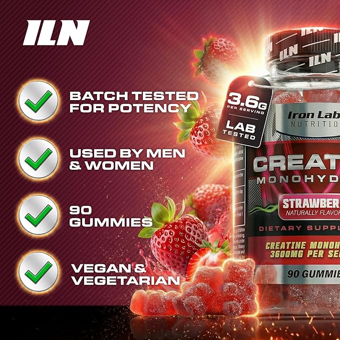 Iron Labs Nutrition Creatine Monohydrate Gummies (90 Gummy Bears) - 3600mg Per Serving - LAB Tested - Strawberry Flavor - High Strength Creatina for Men &amp Women (90 Vegan Gummys)