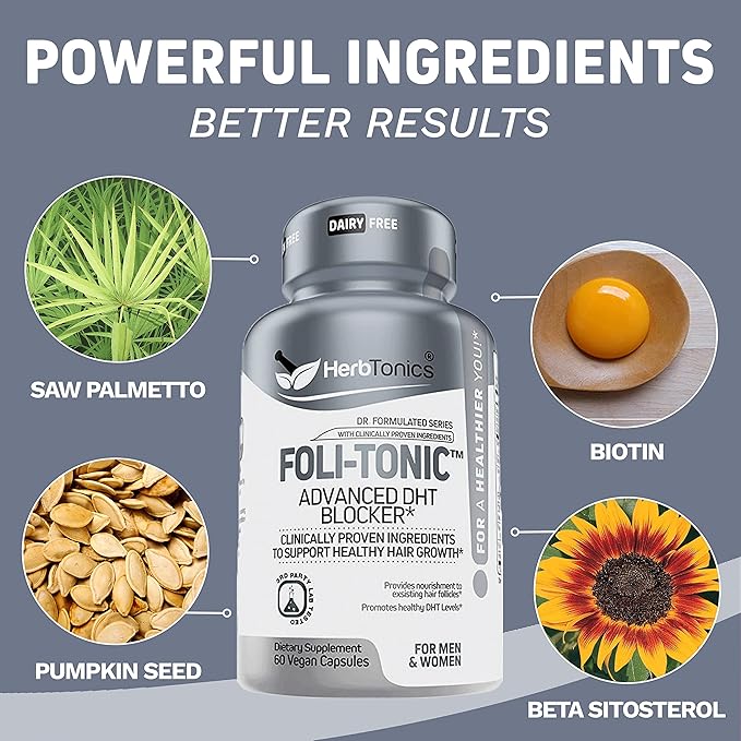 Herbtonics Multi Collagen Gummies Type 1235 &amp 10 with Biotin for Hair Growth Skin Nails - Foli-Tonic DHT Blocker &amp Hair Loss Supplement | Hair Thinning Treatment &amp Promotes Healthy Th