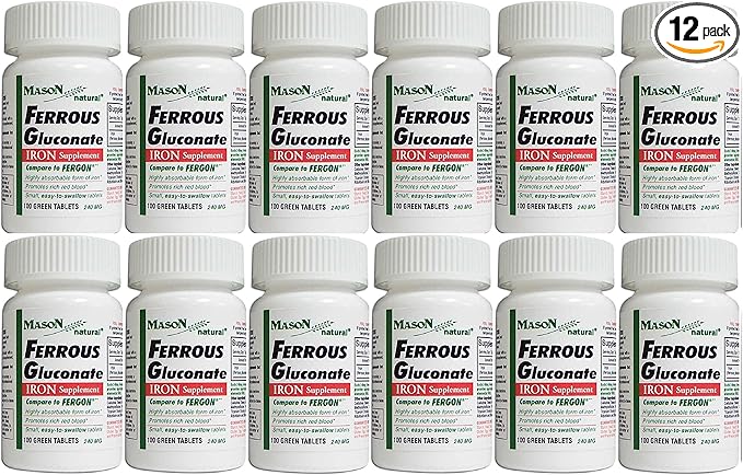 Mason Vitamins Iron Ferrous Gluconate 240Mg Tablets 100 Count per Bottle Pack of 12 Total 1200 Tablets