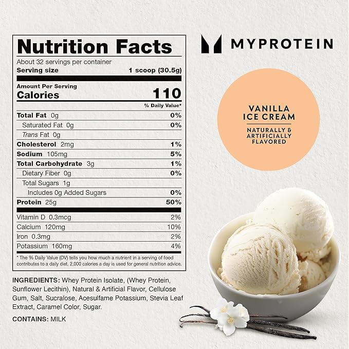Myprotein Impact Whey Protein Isolate 2.2 Lbs (40 Servings) Vanilla Ice Cream 22g Protein 3.5g Glutamine &amp 4.5g BCAA Per Serving Protein Shake for Muscle Strength &amp Recovery