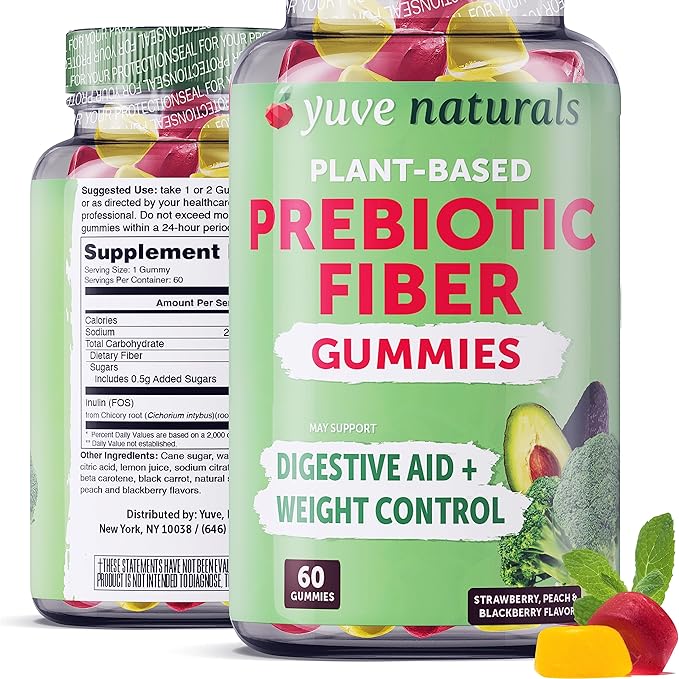 Yuve Prebiotic Fiber Gummies - Delicious - 3g Soluble Fiber Supplement - Supports Digestive Health &amp Regularity - Vegan &amp Gluten-Free Fiber Gummies for Adults &amp Kids - Non-GMO &amp Low Su