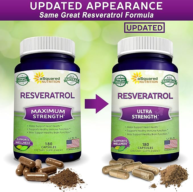 100% Natural Resveratrol - 1000mg Per Serving Max Strength (180 Capsules) Antioxidant Supplement Trans-Resveratrol Pills for Heart Health &amp Pure Polyphenols (Pack of 2)
