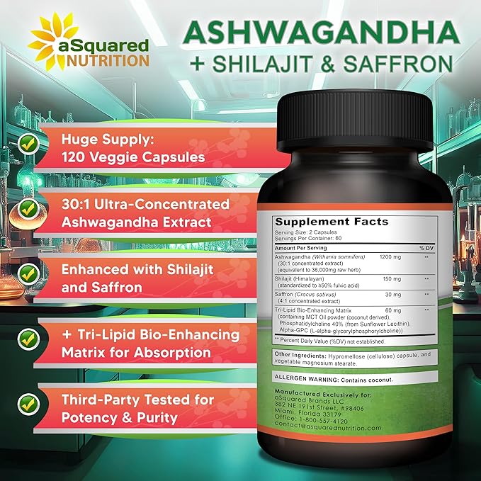 aSquared Nutrition Ashwagandha Supplements for Men &amp Women + Shilajit &amp Saffron - 120 Capsules - Pure Root Powder Complex - Pills Alternative to Gummies &amp Drops