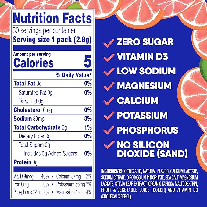 GoHydrate Low Sodium Electrolytes Powder Packets Sugar Free - Instant Hydration Daily Drink Mix - Zero Sugar Water Flavor Packet Singles with Vitamin D - (Grapefruit 30 Packs)