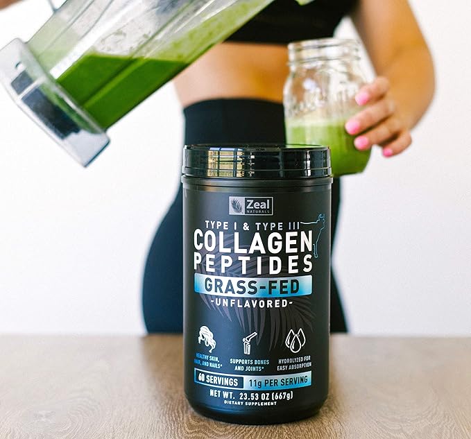 Zeal Naturals Hydrolyzed Collagen Peptides Powder 10g Protein | Grass-Fed Collagen for Women &amp Men | Essential Amino Acids | Hair Skin Nails Bone Health | 60 Servings Unflavored 23.53 oz.