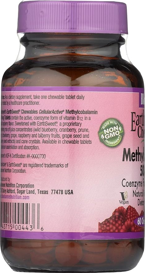 BlueBonnet Nutrition Earth Sweet® Chewables CellularActive® Methylcobalamin Raspberry 5000 mcg 60 Chewable Tablets