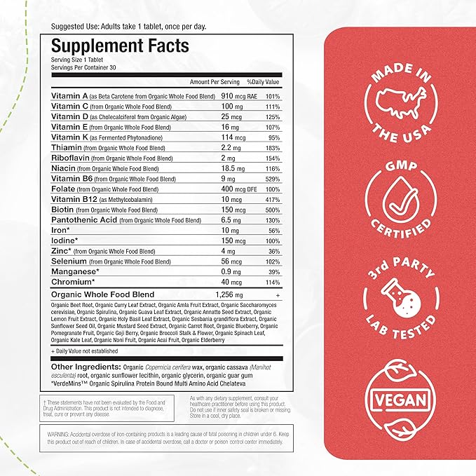 Mama Natural Organic Women's Multivitamin – Whole Food Based 1 A Day Vegan Tablet – USDA Organic Non-GMO Clean Label Multivitamin for Women – 30 Day Supply with Iron &amp Methylated B12