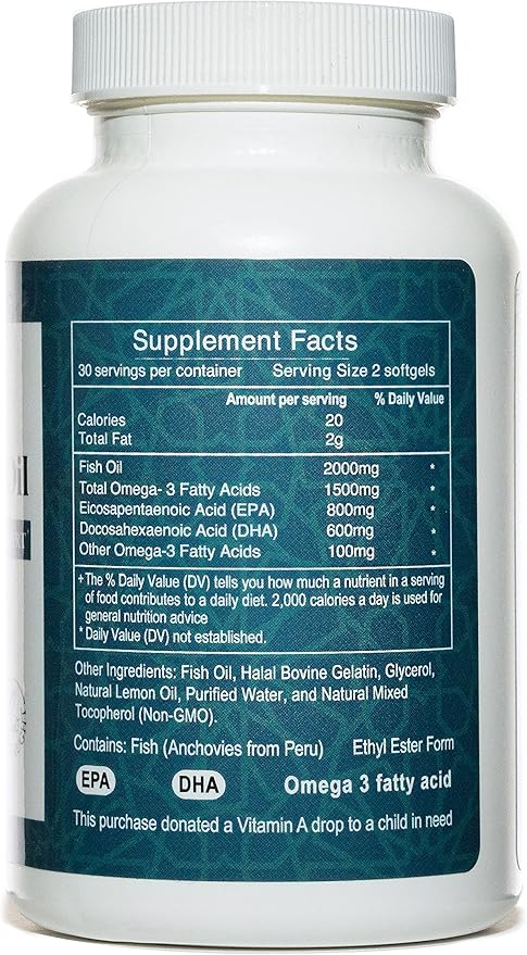 Salaam Nutritionals Halal Fish Oil Burpless Omega 3 DHA+ EPA 2000mg for Heart Eye Brain and Joint Health.