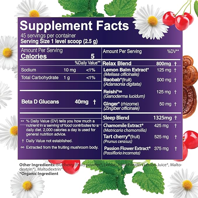 One Farm Dream Tea Sleep Powder - with USDA Organic Reishi Tart Cherry Chamomile Lemon Balm and Passionflower - 45 Servings in a Resealable Glass Jar - Soothing Chamomile Flavor