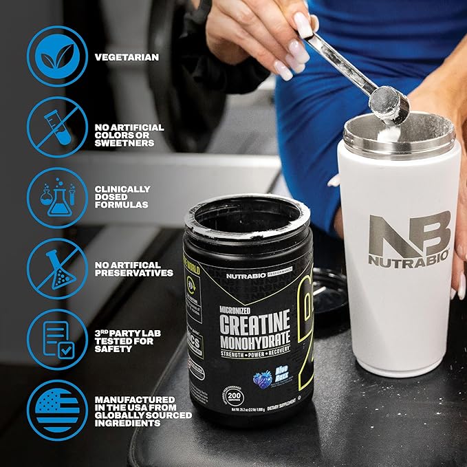 NutraBio Pure Micronized Creatine Monohydrate Powder Supplement Blue Razz (300 g) - Supports Bulk Muscle Energy Recovery and Strength - HPLC Tested Creatine Powder Supplement for Men and Women