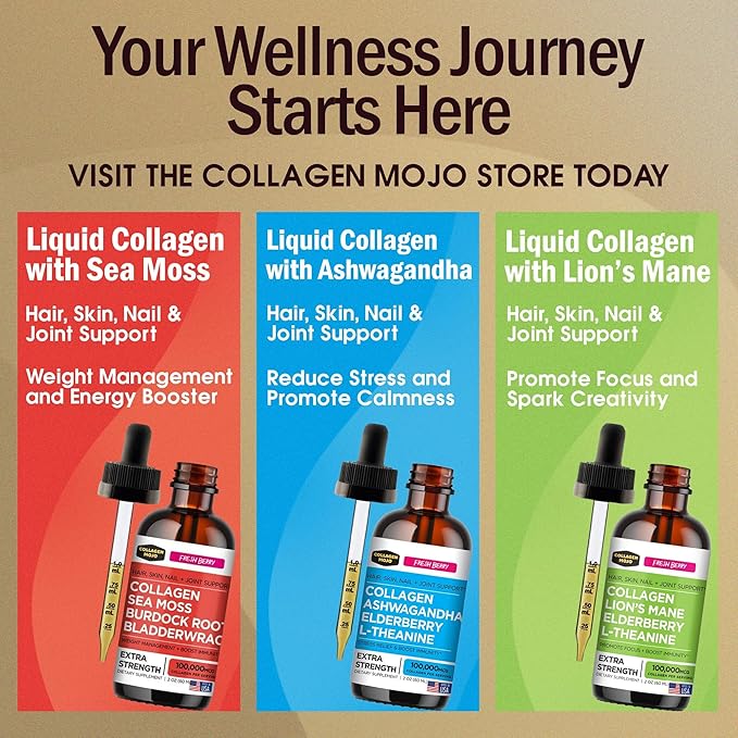 Collagen Mojo - Liquid Collagen Peptides for Women &amp Men with Lion's Mane Mushroom Elderberry &amp L-Theanine and Ashwagandha Elderberry &amp L-Theanine - for Hair Skin Nails Join Support -