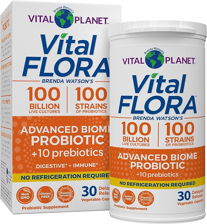 Vital Planet - Vital Flora Advanced Probiotic 100 Billion CFU 100 Diverse Strains 10 Organic Prebiotics Immune Support Digestive Health Shelf Stable Probiotics for Women and Men 30 Capsules