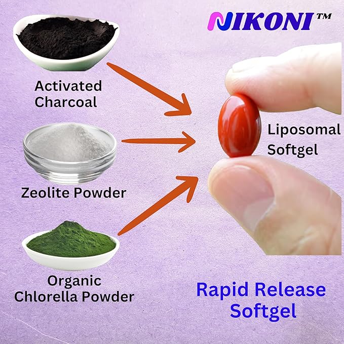 Nikoni Liposomal Zeolite Activated Charcoal &amp Organic Chlorella Supports Full Body Detox (480 Softgels)