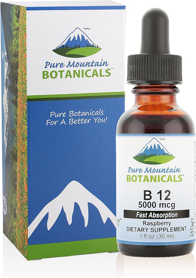 Pure Mountain Botanicals B12 Vitamin 5000 mcg – Kosher B12 Drops in 1oz Bottle with Natural Berry Flavor