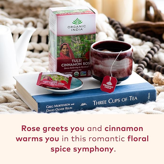 ORGANIC INDIA Tulsi Cinnamon Rose Tea - Tulsi Rose Tea Bags Cinnamon Tea Bags w/Holy Basil Chamomile Caffeine Free - 18 Infusion Bags 3 Pack