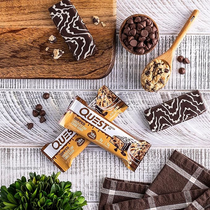 Quest Nutrition Dipped Chocolate Chip Cookie Dough Protein Bars 18g Protein 3g Net Carbs Gluten Free 1.76 Oz 12 Count