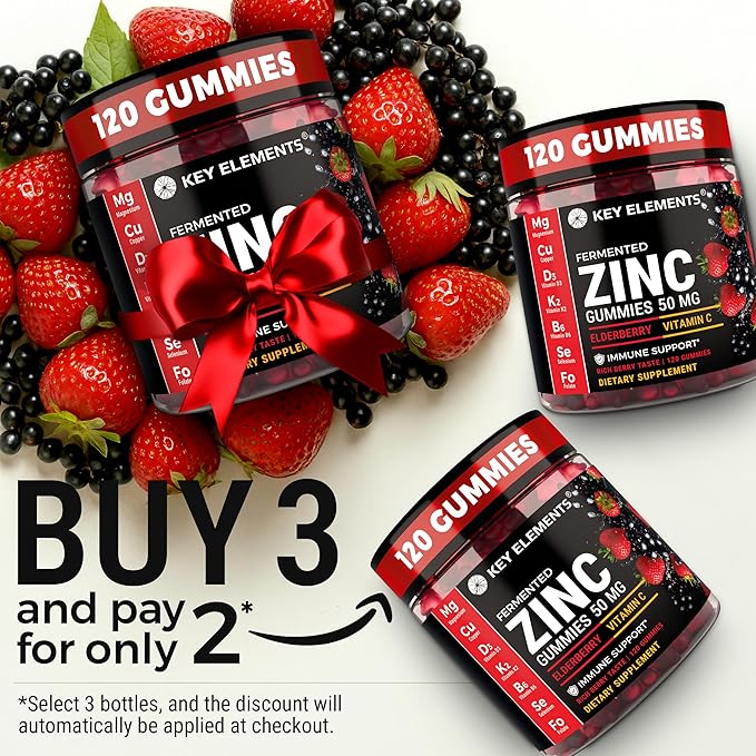 Immune Support Zinc Gummies 50mg with Elderberry Vitamin C and Zinc Supplements - Natural Antioxidant with Copper Vitamin D3 K2 Magnesium - Rich Berry Taste Sugar-Free 120 Gummies