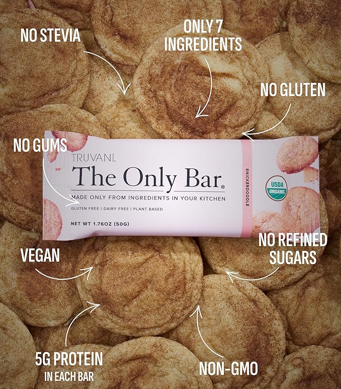 Truvani Plant Based Snack Bars | Snickerdoodle 12 Pack | 5g Protein | USDA Organic and Vegan | The Only Bar | Dairy Soy and Gluten Free | Individually Wrapped