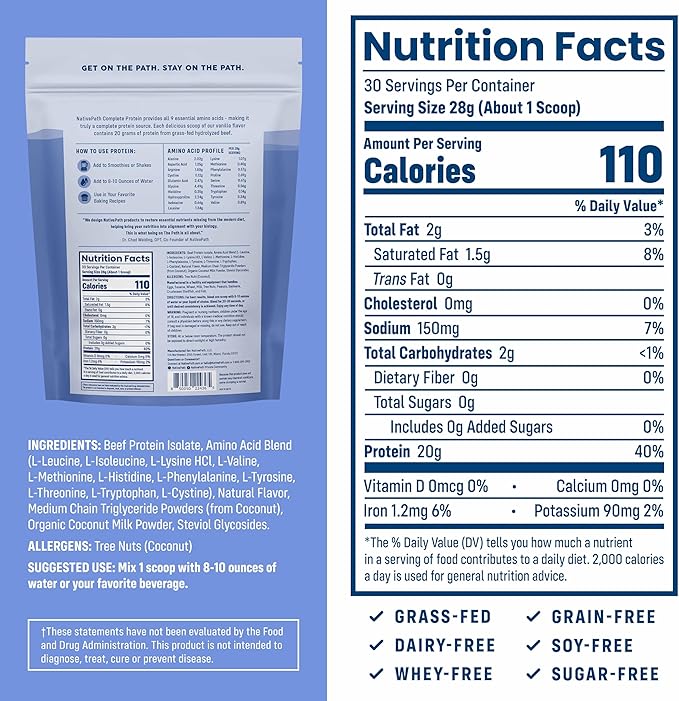 NativePath Vanilla Beef Protein Powder - 20g Protein 30 Servings - Grass-Fed Pasture-Raised Isolate with MCTs - Dairy Free Zero Sugar Keto &amp Paleo Friendly