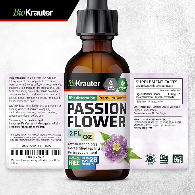 BIO KRAUTER® Passion Flower for Stress Relief - Calm &amp Mood Support - Pure Vegan Liquid Drops Passion Flower Extract 670 mg/Serving 2 Fl.Oz 28-Day Supply - Alcohol &amp Sugar Free - Natural Calm