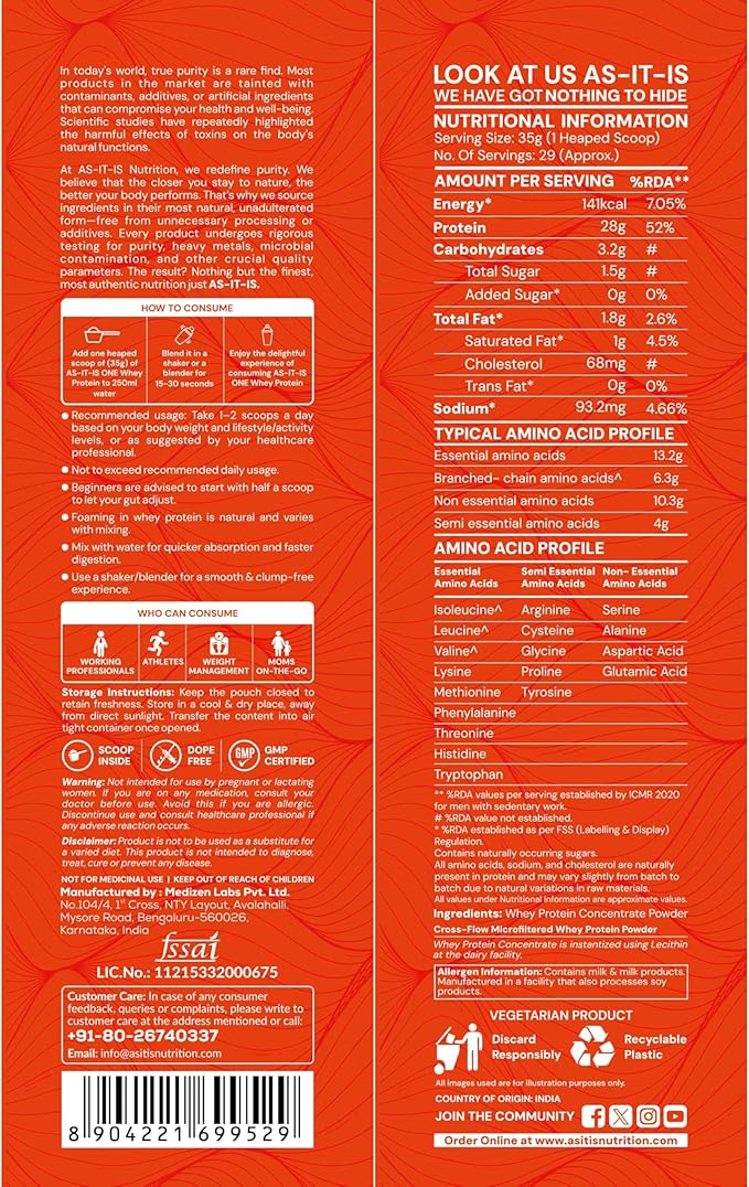 AS-IT-IS Nutrition Whey Protein Concentrate 80% - 1kg/35.2 Oz Cross-flow Microfiltered | Unflavoured | Tested for Purity | Non-gmo and Gluten-free No Preservatives