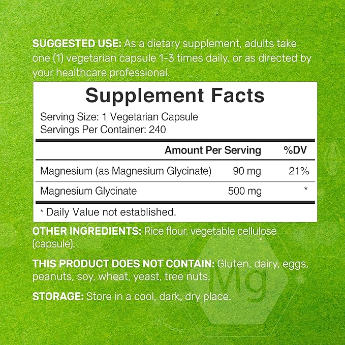 Deal Supplement Magnesium Glycinate 500mg 480 Veggie Capsules | 100% Chelated for Easy Absorption | Essential Mineral Supplement | Non-GMO Gluten-Free