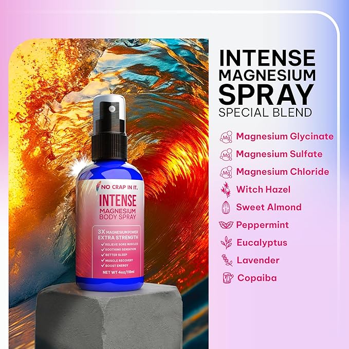 Intense Magnesium Spray Triple Magnesium Power: All Natural Magnesium Chloride Glycinate Sulfate -4oz