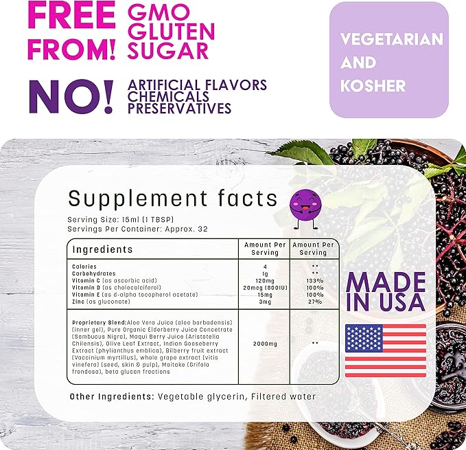 Liquid Kids Multivitamin and Immune Support - Organic Elderberry Syrup | 31 Vegan Minerals &amp Multi Vitamins for Kids | 20 Fruit Extracts Toddlers | No Sugar NO Artificial Flavor 100% Vegetarian