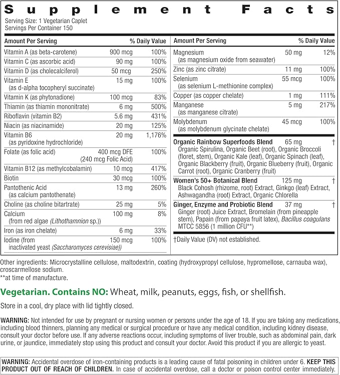 Rainbow Light Multivitamin for Women 50+ Vitamin C D &amp Zinc Probiotics Women’s One 50+ Multivitamin Provides High Potency Immune Support Non-GMO Vegetarian 150 Tablets