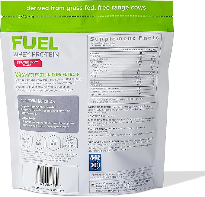 SFH Fuel Whey Protein Powder Great Tasting Grass Fed Whey | MCTs &amp Fiber for Energy | All Natural | Soy Free Gluten Free No RBST No Artificial Flavors (Strawberry (1.6lb Bag))