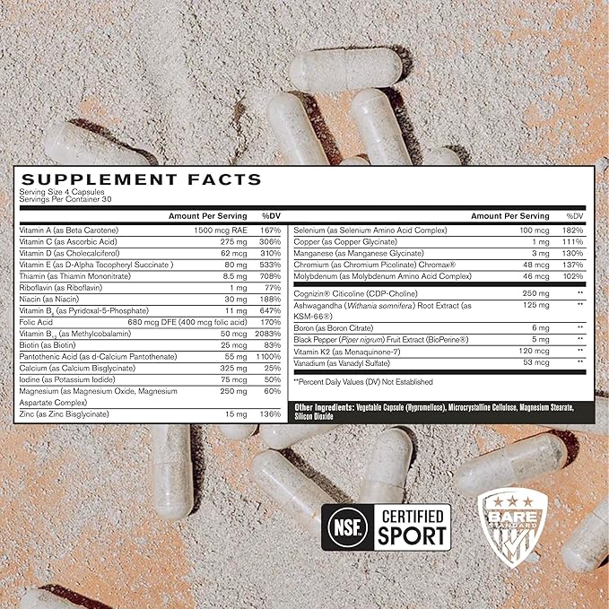 BARE PERFORMANCE NUTRITION BPN Strong Multi-Vitamin 30 Day Supply + Recover Post-Workout Muscle Recovery Drink Mix – Fruit Punch 25 Servings | Foundational Health + Post-Workout Recovery Bundle