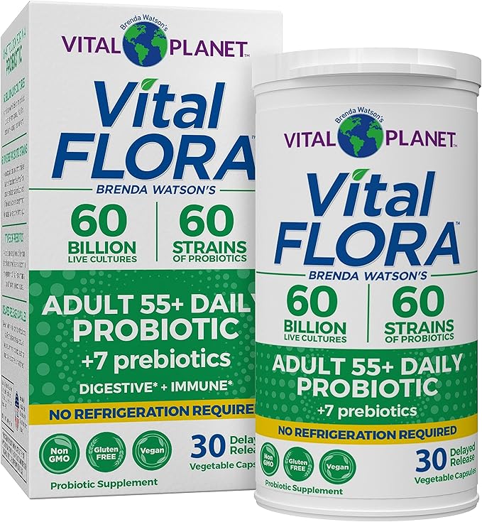 Vital Planet - Vital Flora Adults Over 55 Daily Probiotic 60 Billion CFU Diverse Strains Organic Prebiotics Immune and Digestive Health Shelf Stable Probiotics for Women and Men 30 Capsules