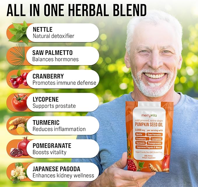 Pumpkin Seed Oil with Saw Palmetto Turmeric Nettle &amp More | 3000mg Per Serving 300 Softgels | Cold Pressed Extra Virgin | Prostate Health Supplements for Men | Non-GMO